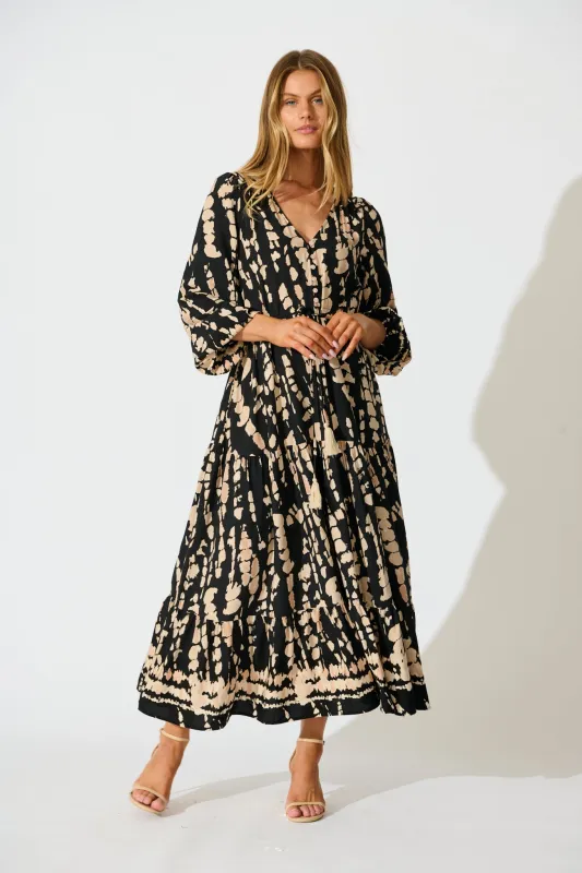 Rosamund Midi Dress in Black with Beige Print sold by St Frock