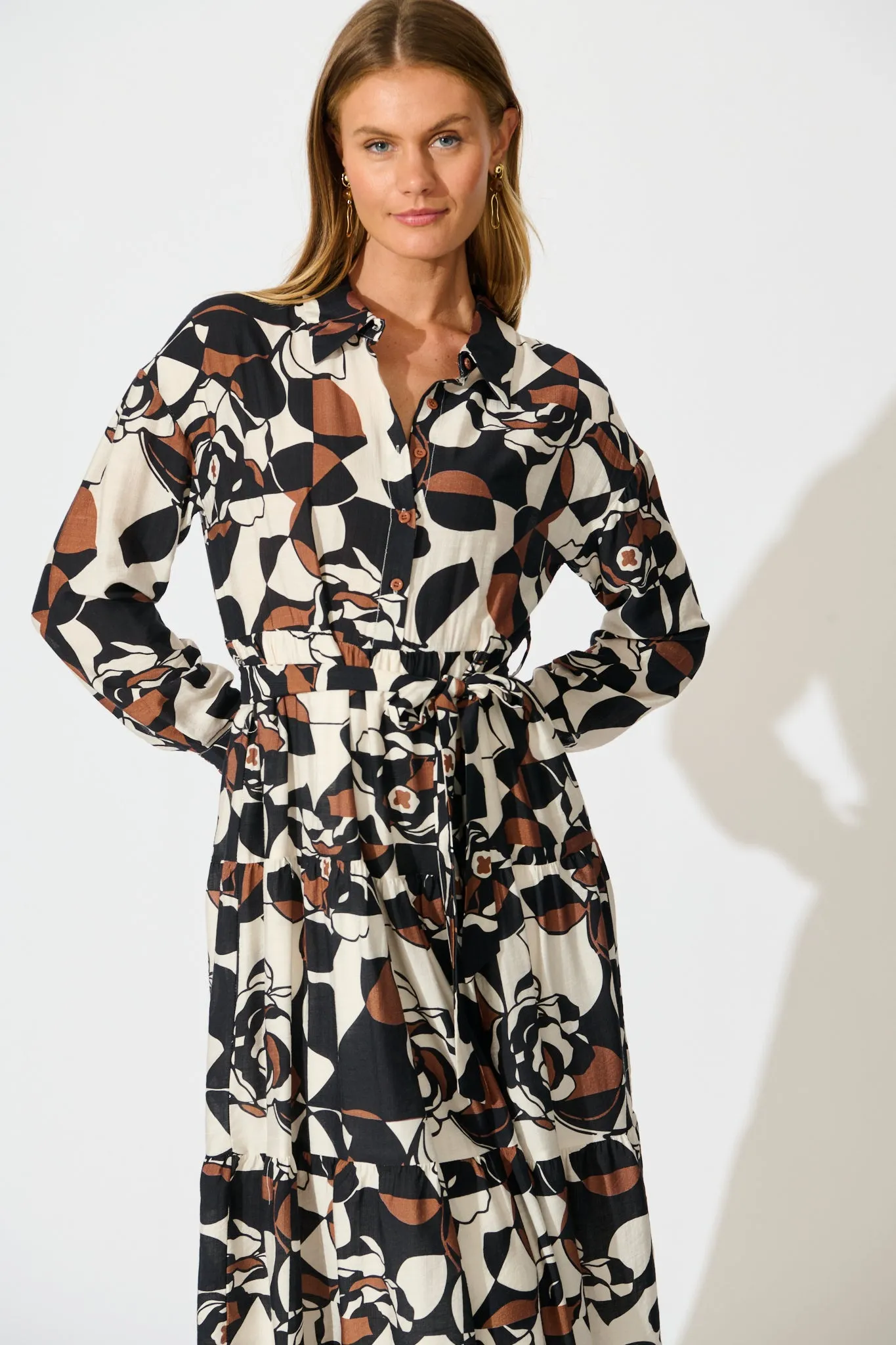 Jada Midi Dress in White with Black and Brown Print sold by St Frock product image thumbnail 2