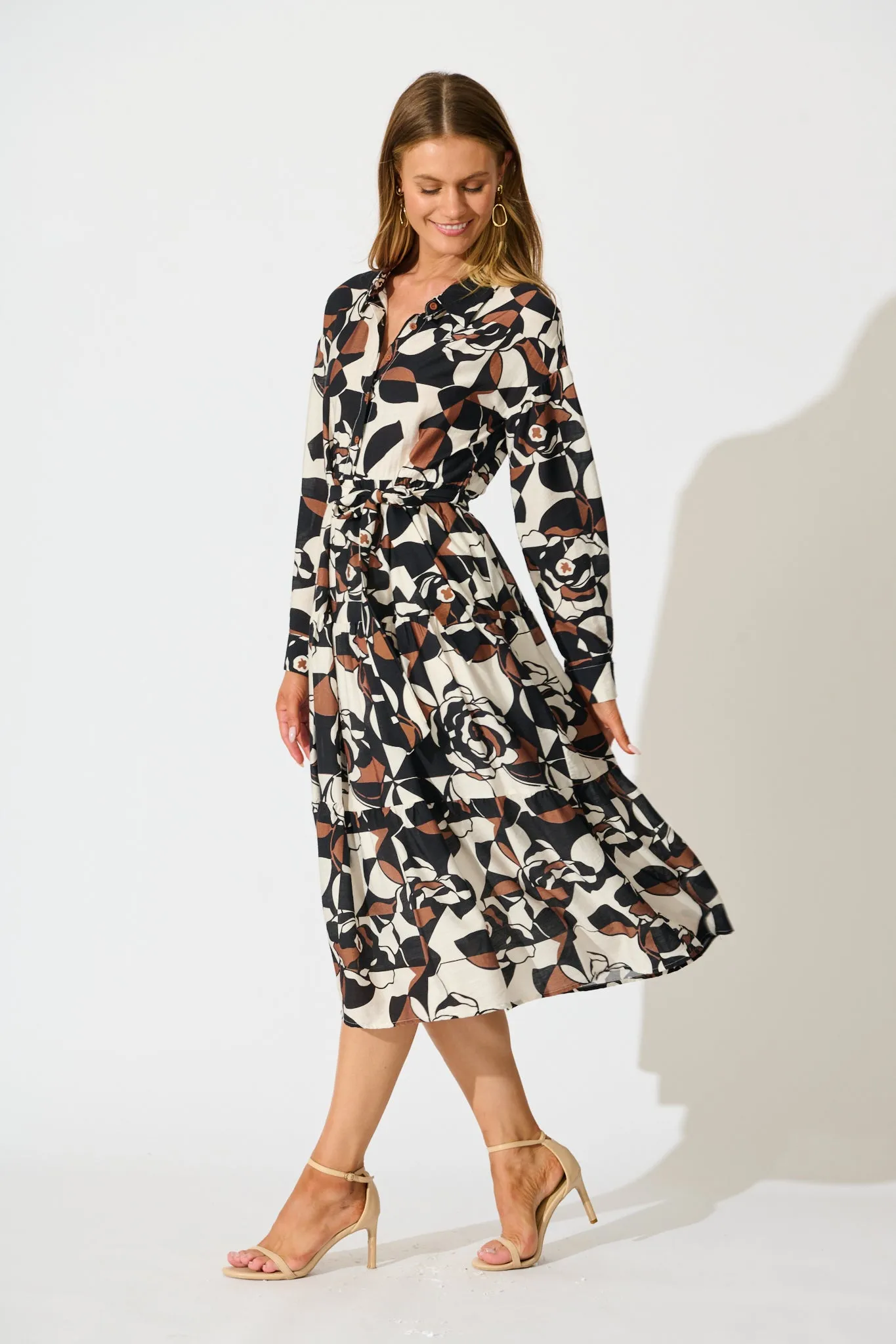 Jada Midi Dress in White with Black and Brown Print sold by St Frock product image thumbnail 3