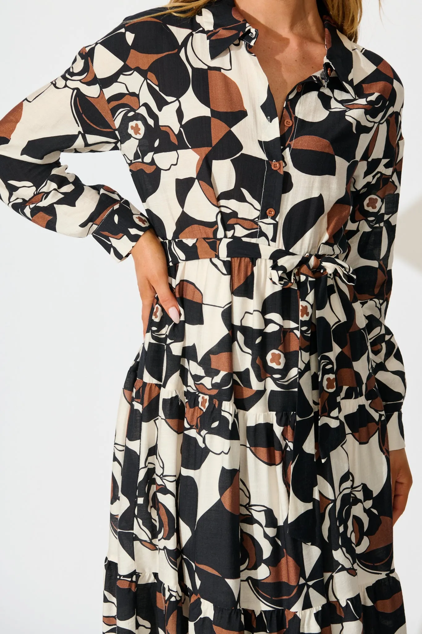 Jada Midi Dress in White with Black and Brown Print sold by St Frock product image thumbnail 5