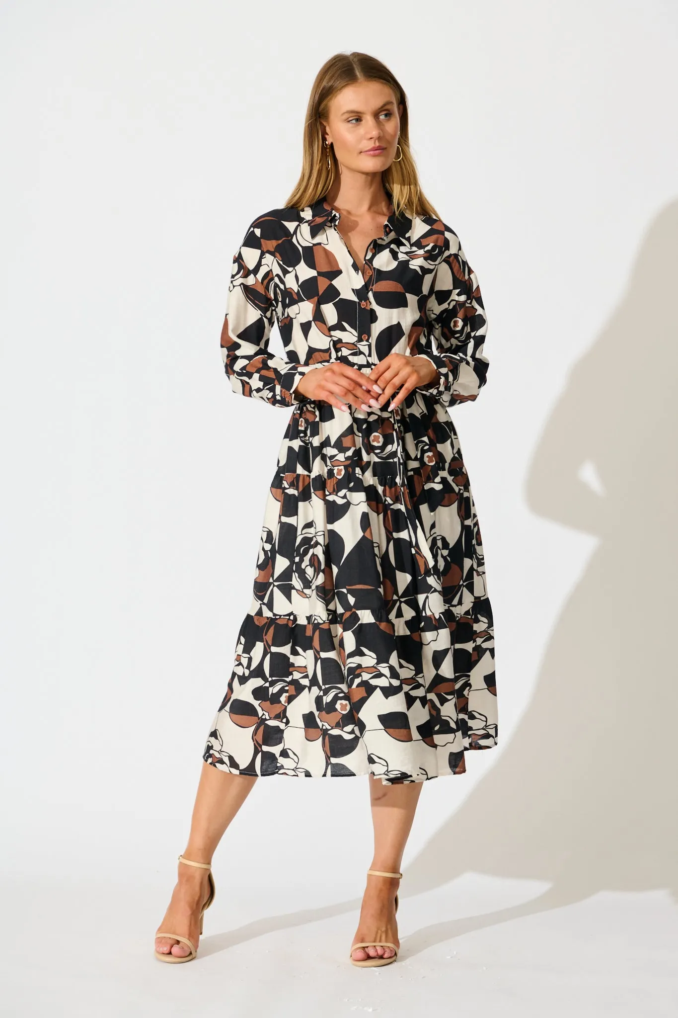 Jada Midi Dress in White with Black and Brown Print sold by St Frock