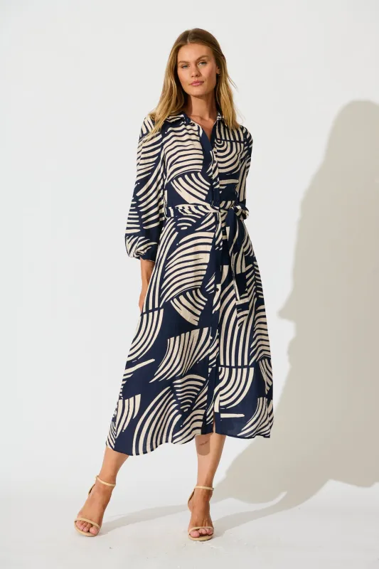 Berlina Midi Shirt Dress in Navy with Cream Linen Blend sold by St Frock