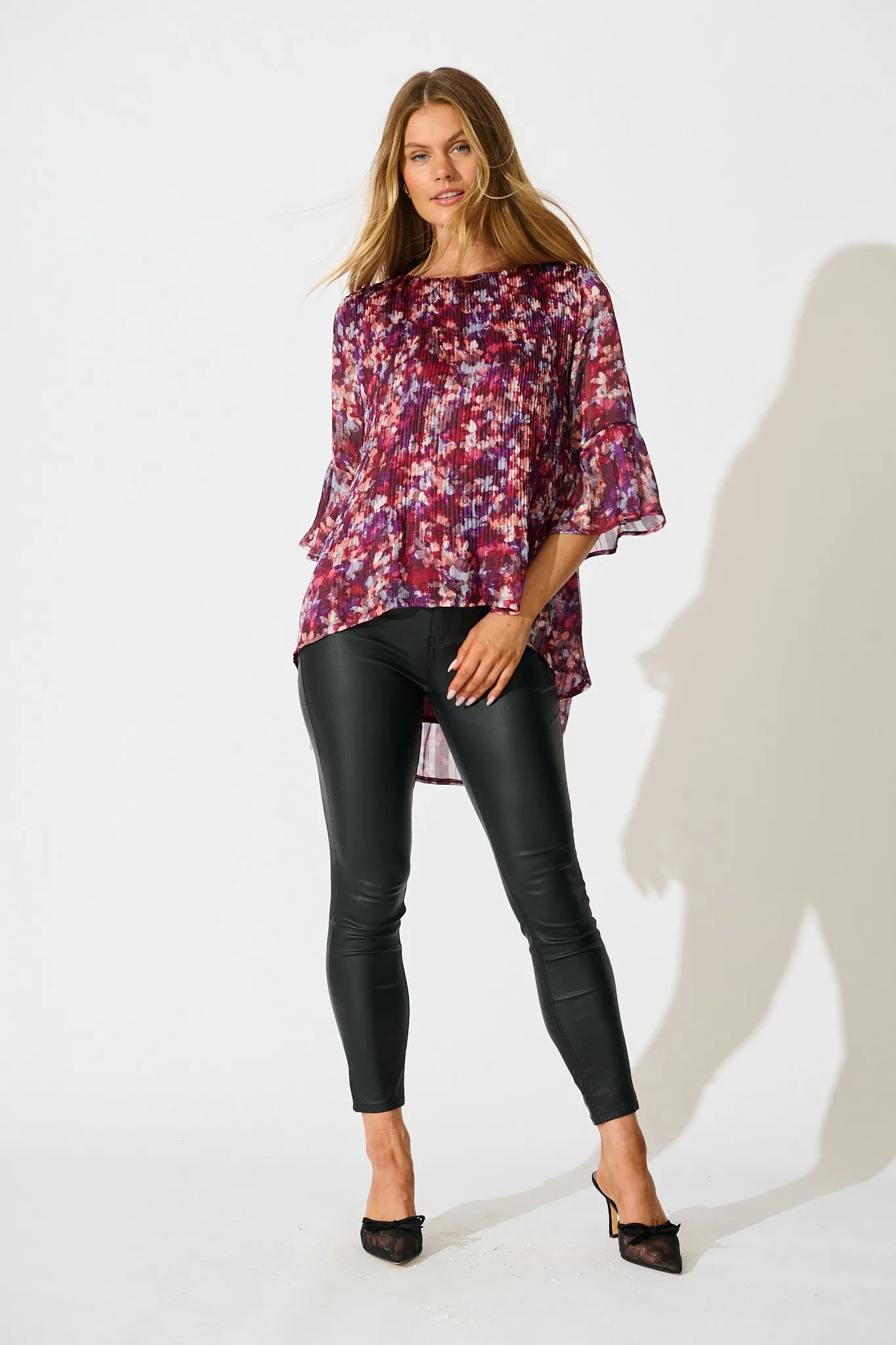Bettina Top in Wine Floral Plisse sold by St Frock product image thumbnail 4