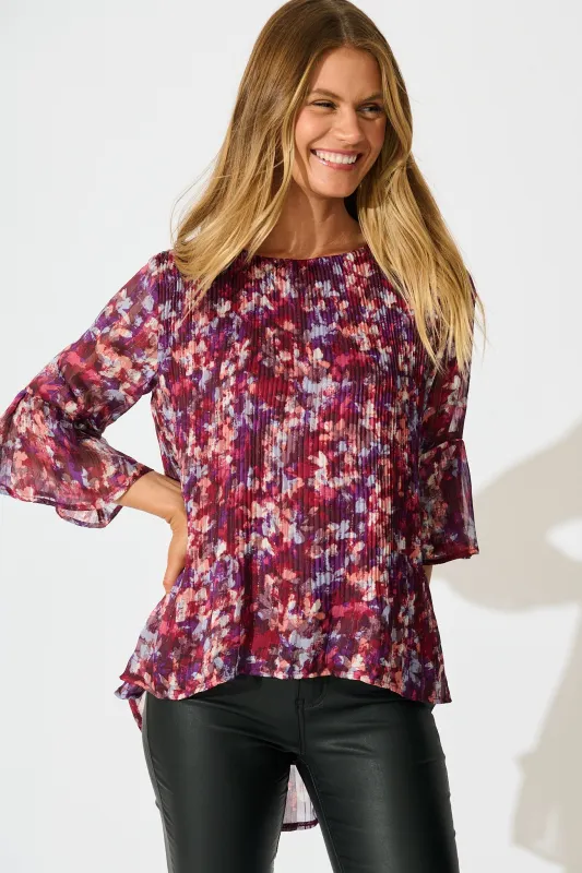 Bettina Top in Wine Floral Plisse sold by St Frock