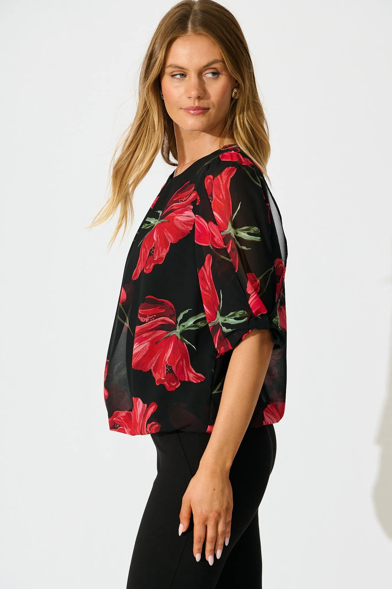 Yvette Top in Black with Red Floral sold by St Frock product image thumbnail 2