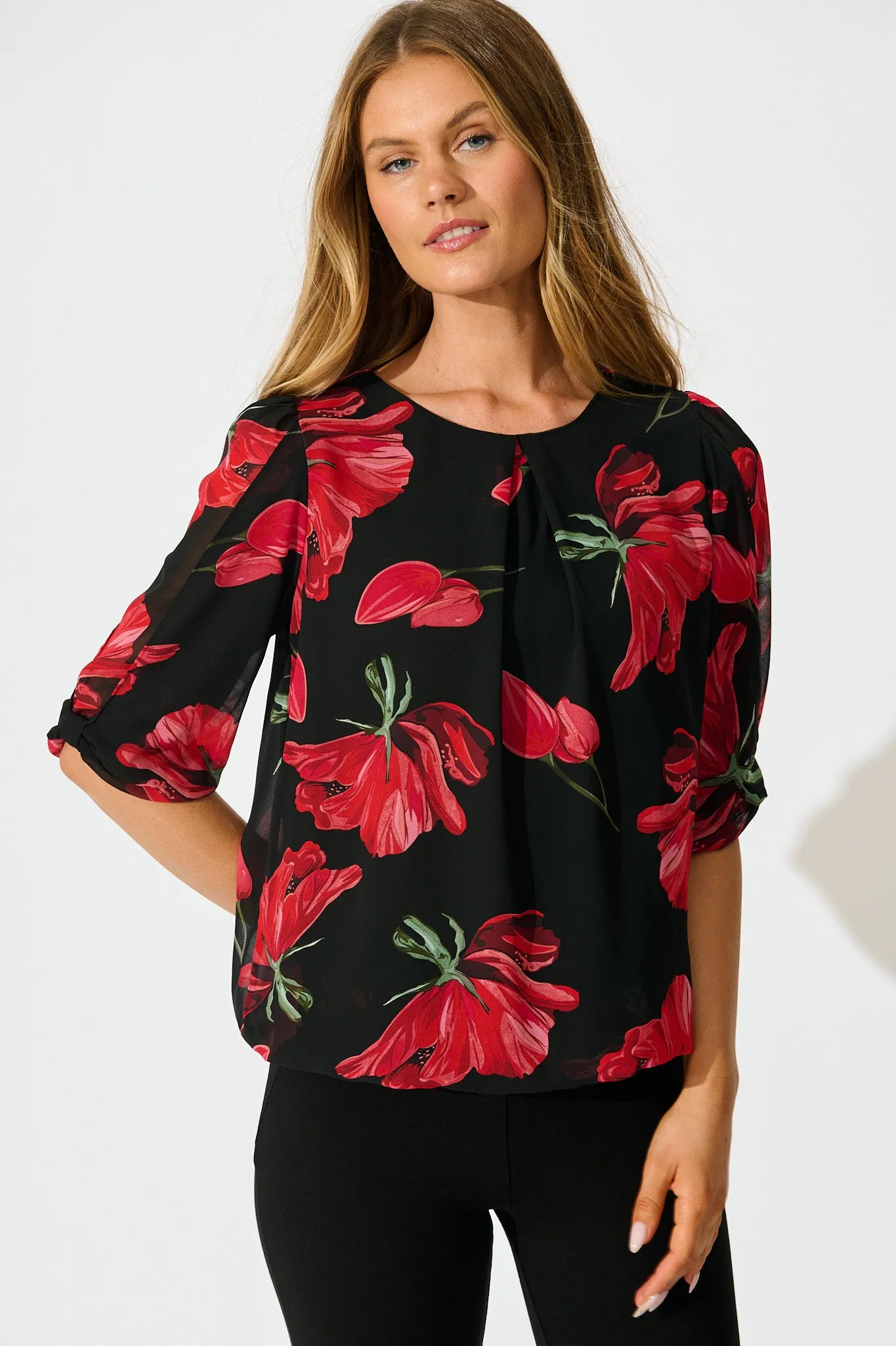 Yvette Top in Black with Red Floral sold by St Frock