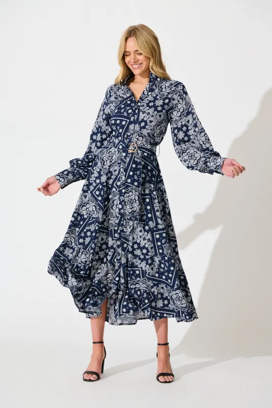 Stasia Maxi Dress in Navy with White Print sold by St Frock