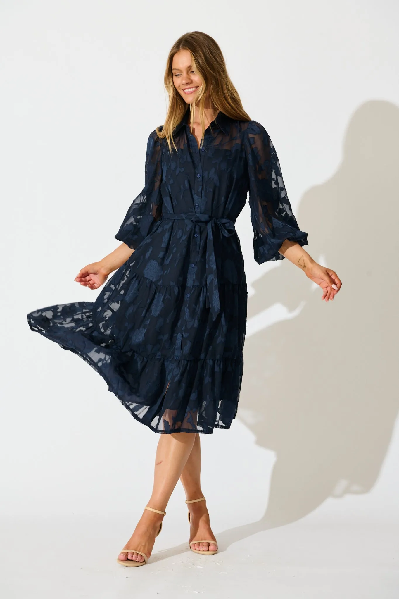 Twilight Midi Dress in Navy Floral Burnout Chiffon sold by St Frock