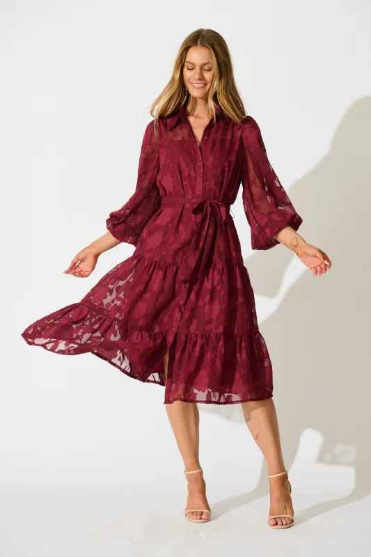 Twilight Midi Dress in Wine Floral Burnout Chiffon sold by St Frock