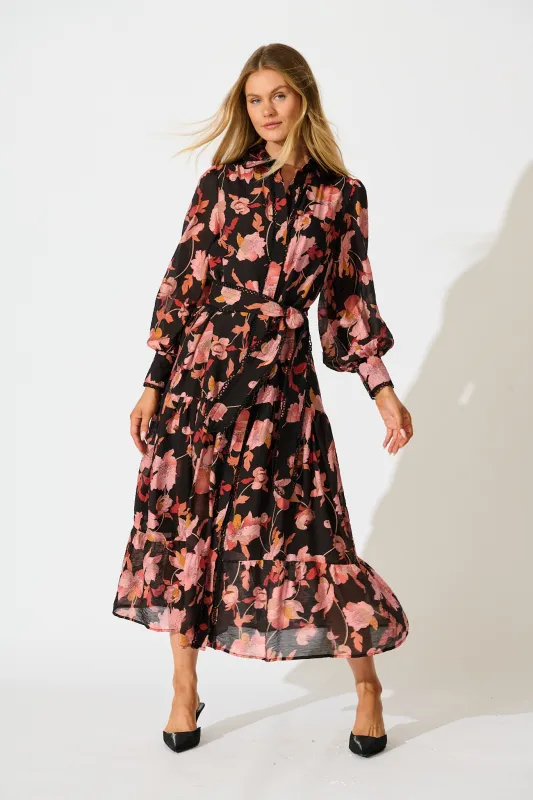 Alaina Maxi Shirt Dress in Black Floral with Black Lace Trim sold by St Frock