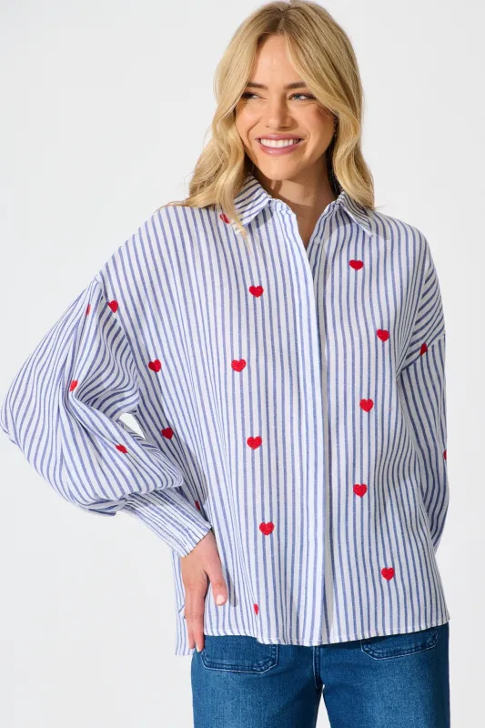 Hearts Desire Shirt in Blue Stripe and Heart Embroidered sold by St Frock