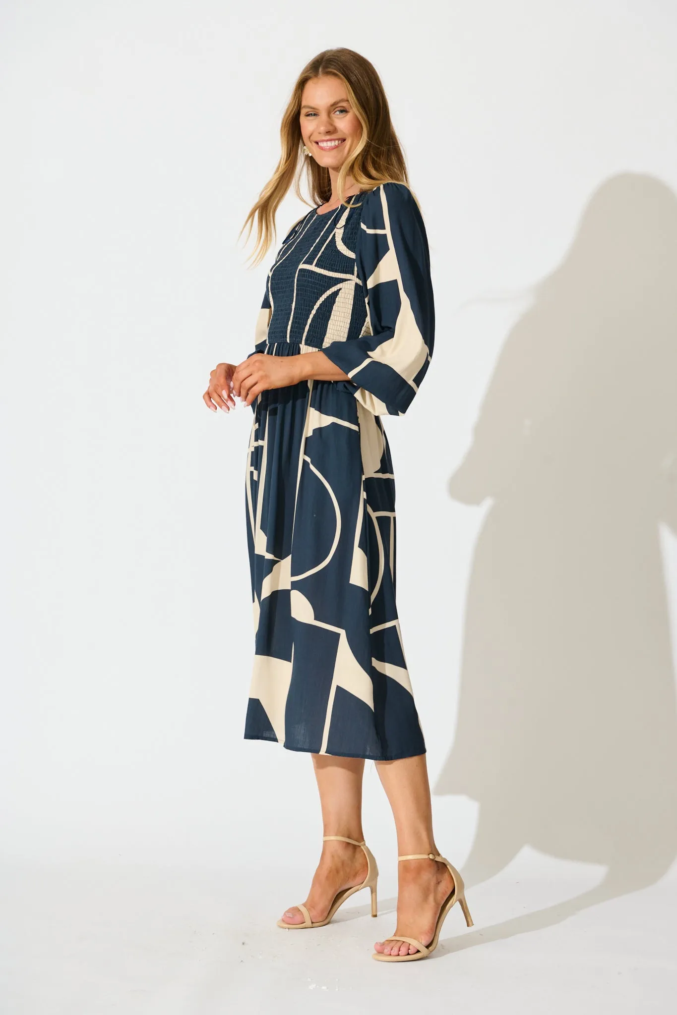 Marlee Midi Dress in Navy with Cream Geometric Linen Blend sold by St Frock product image thumbnail 3