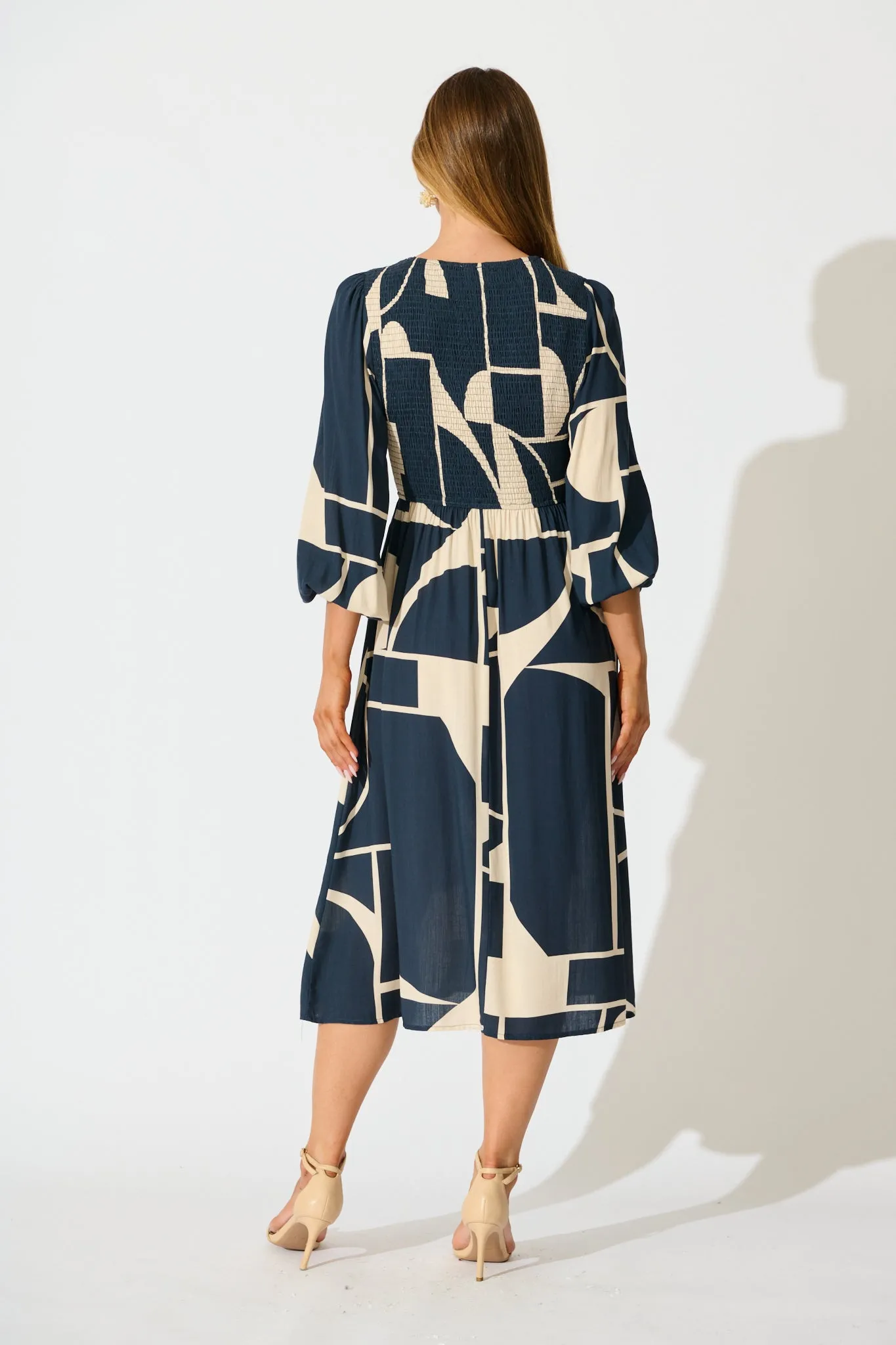 Marlee Midi Dress in Navy with Cream Geometric Linen Blend sold by St Frock product image thumbnail 4
