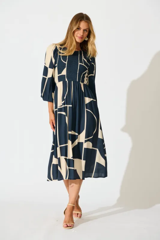 Marlee Midi Dress in Navy with Cream Geometric Linen Blend sold by St Frock