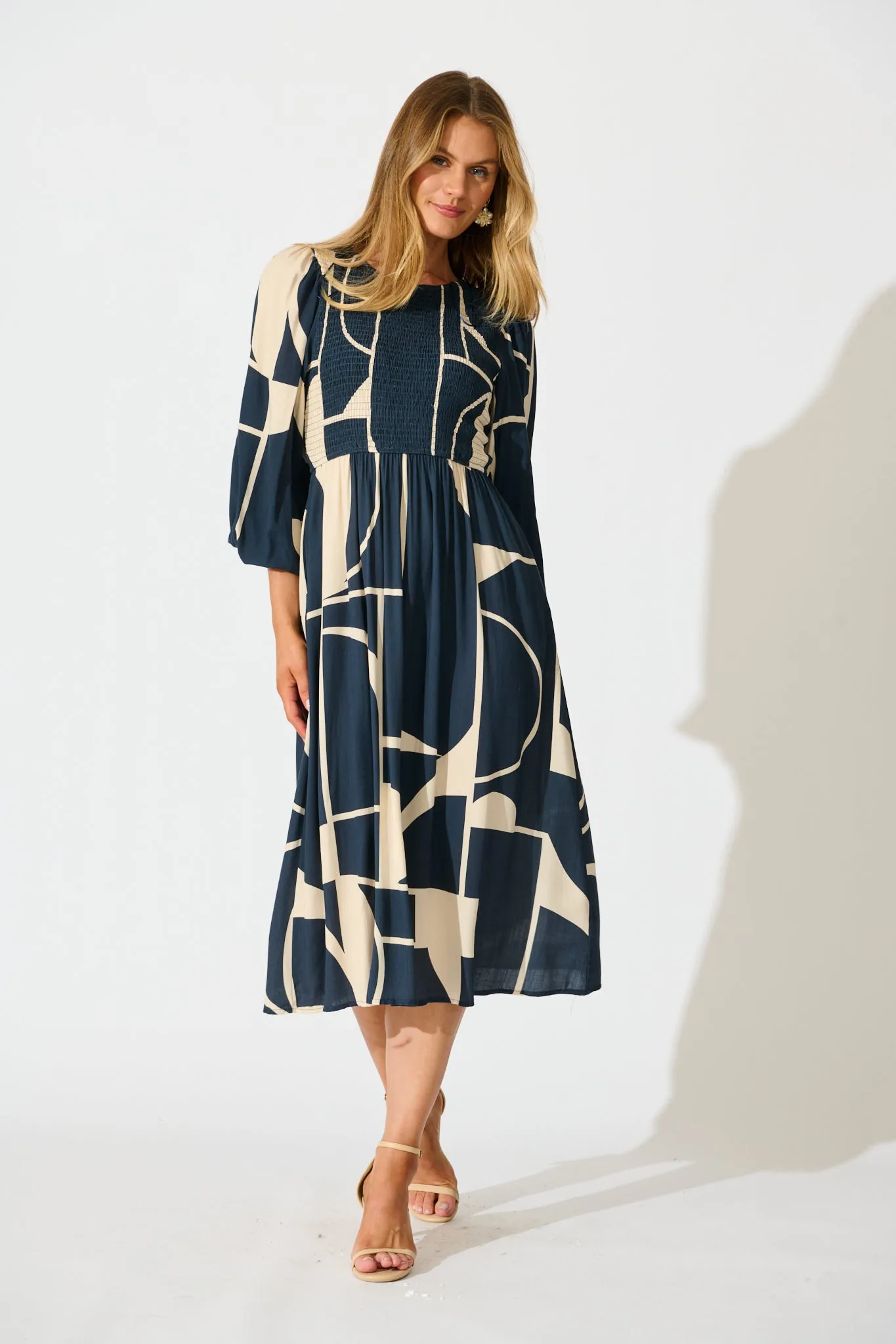 Marlee Midi Dress in Navy with Cream Geometric Linen Blend sold by St Frock