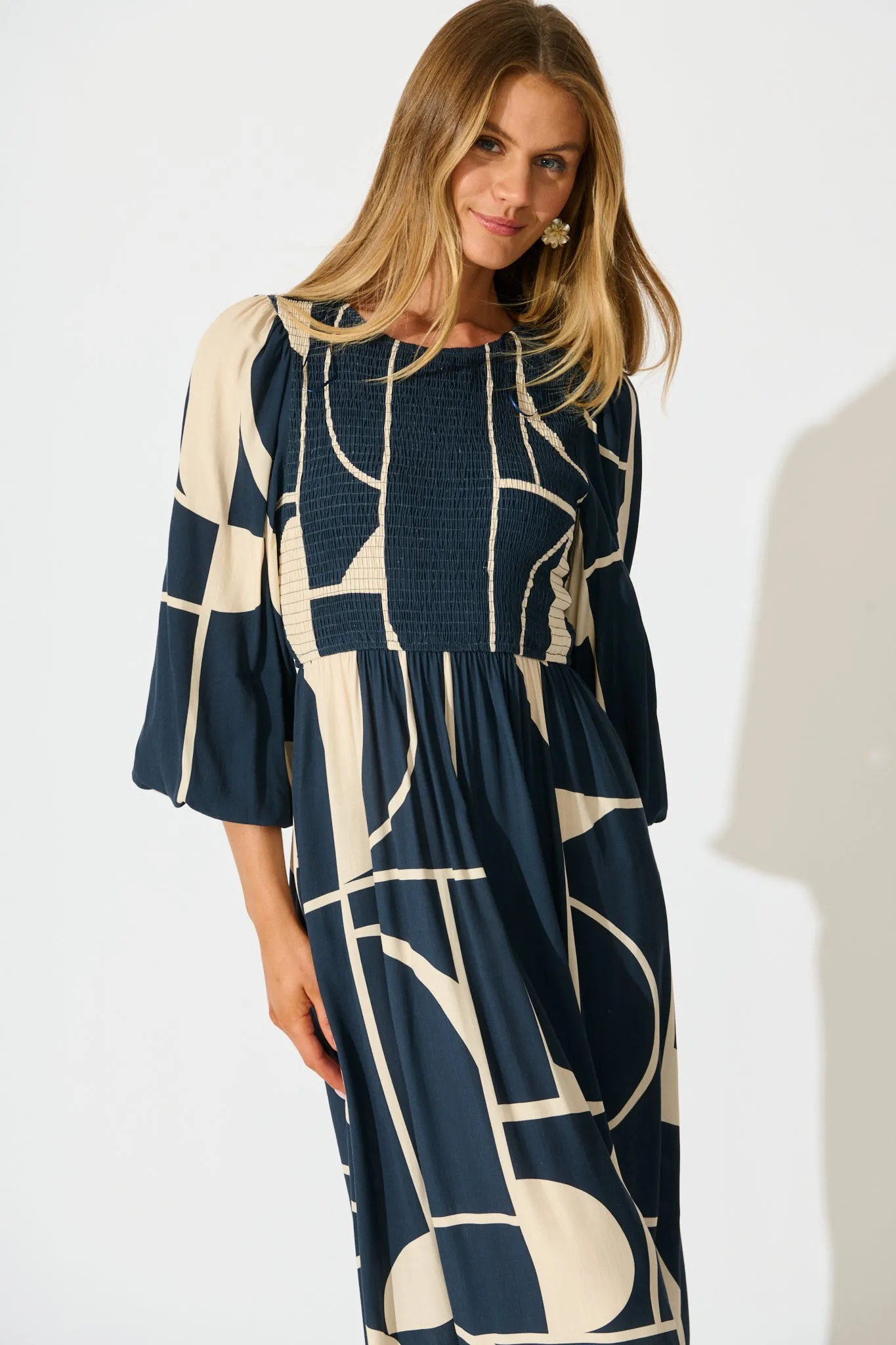 Marlee Midi Dress in Navy with Cream Geometric Linen Blend sold by St Frock product image thumbnail 2
