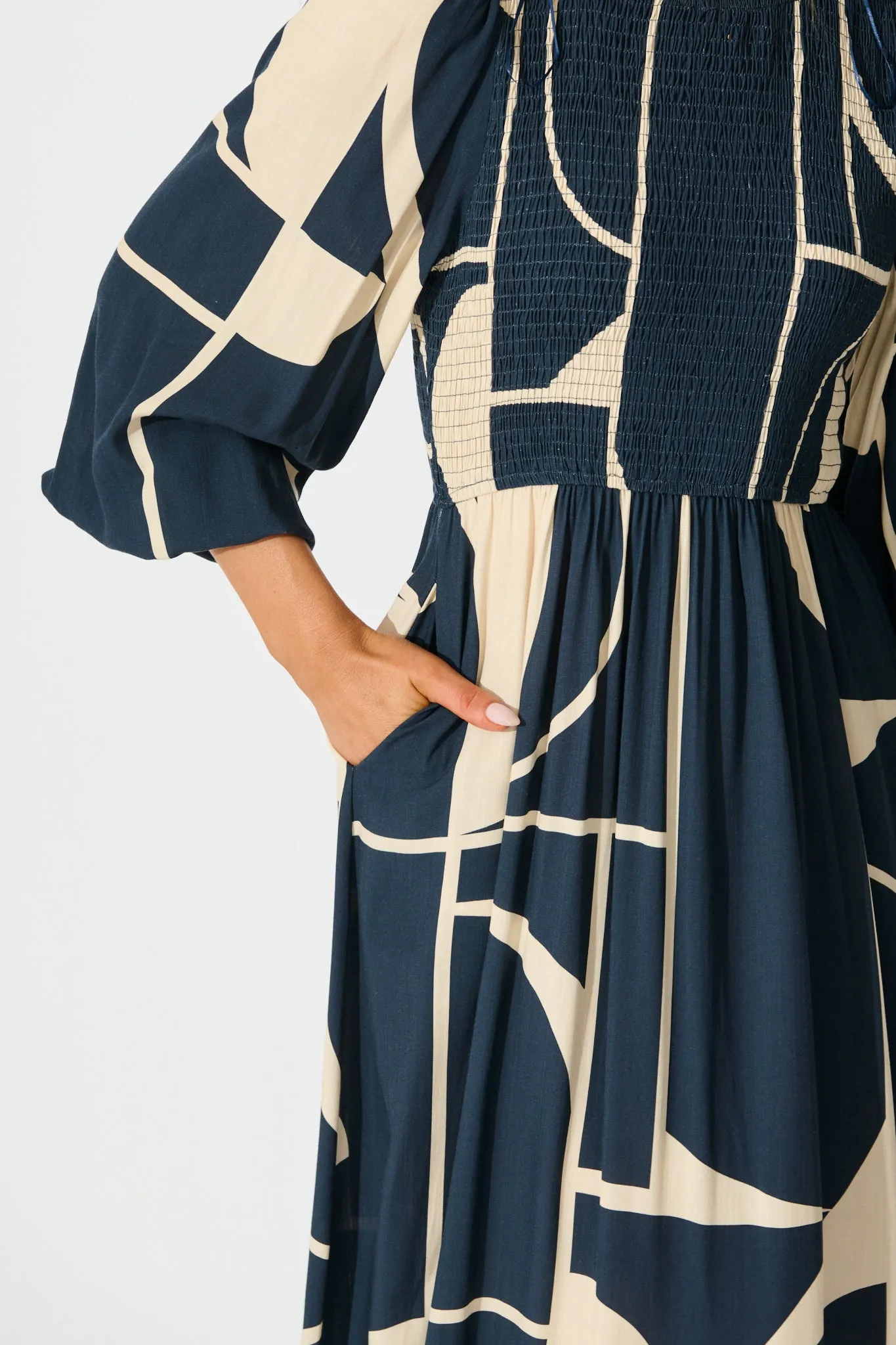 Marlee Midi Dress in Navy with Cream Geometric Linen Blend sold by St Frock product image thumbnail 5