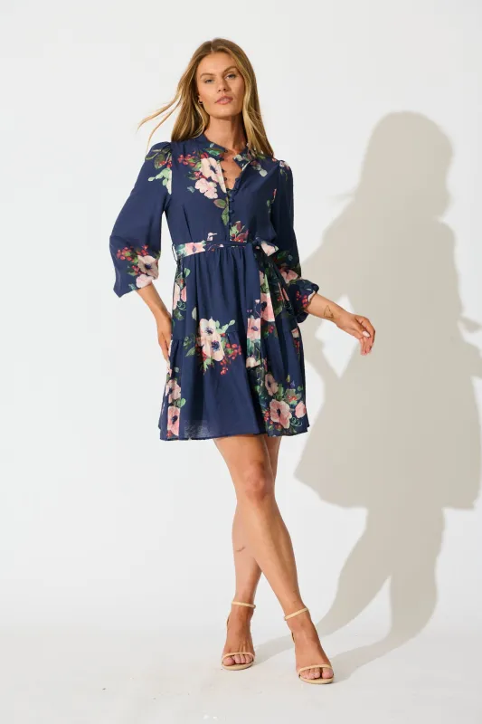 Mandy Dress in Navy with Pink Floral sold by St Frock