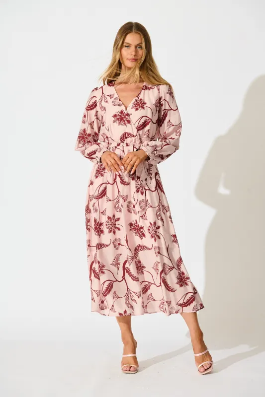 Wild Iris Midi Dress in Blush with Wine Floral sold by St Frock