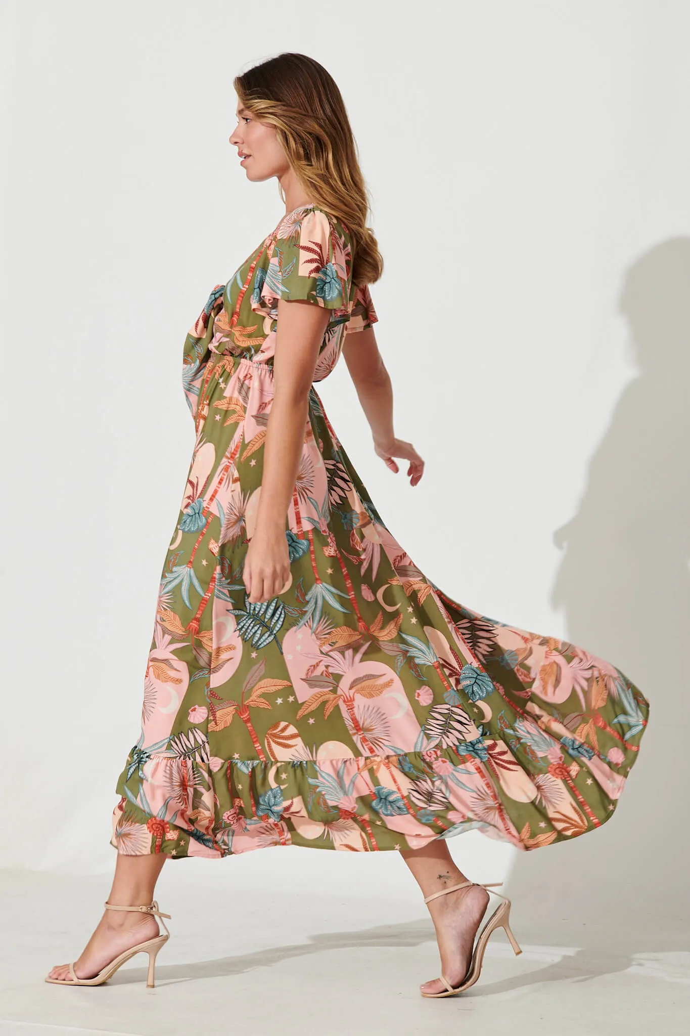 Georgina Maxi Dress In Khaki With Pink Print sold by St Frock product image thumbnail 3