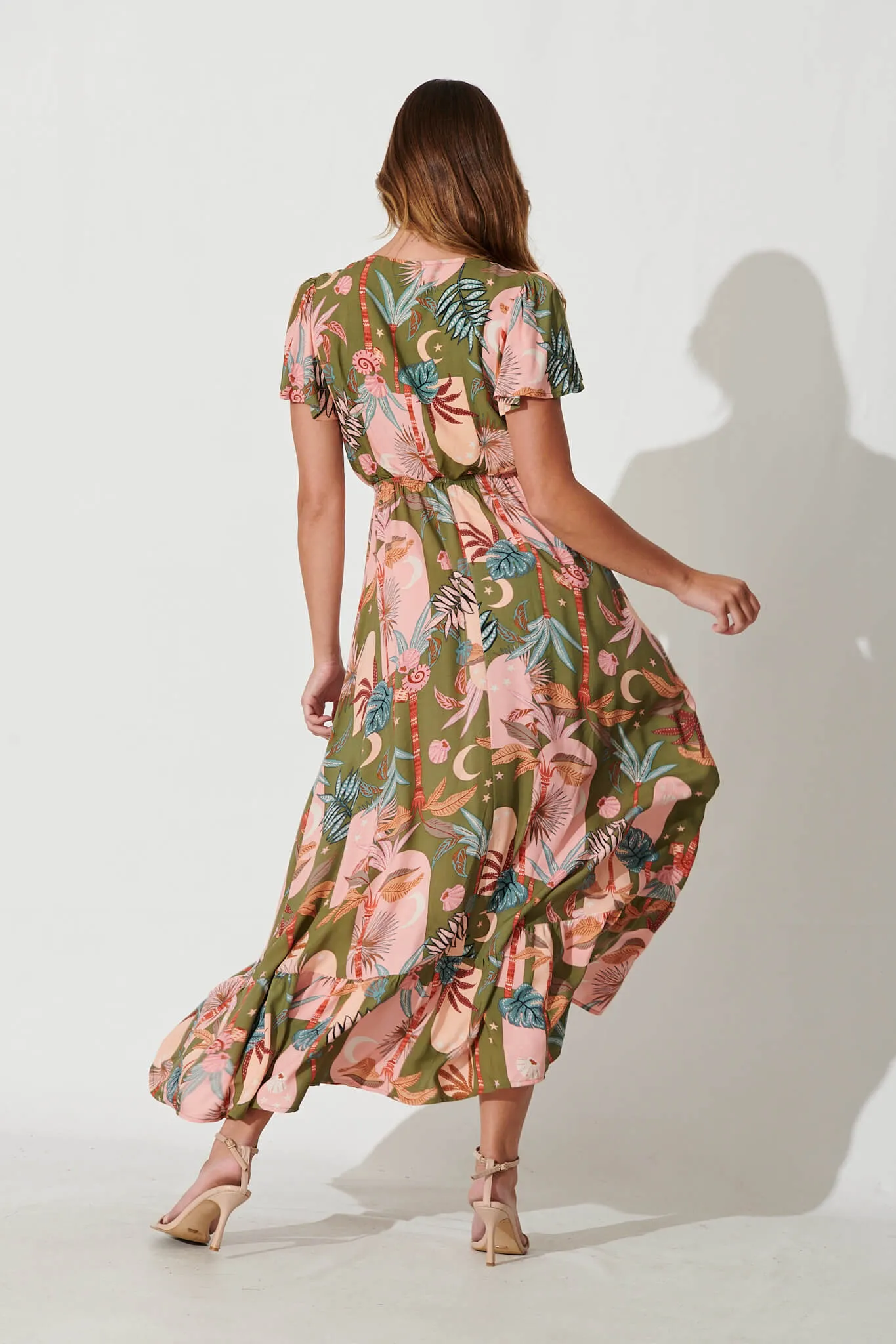 Georgina Maxi Dress In Khaki With Pink Print sold by St Frock product image thumbnail 4