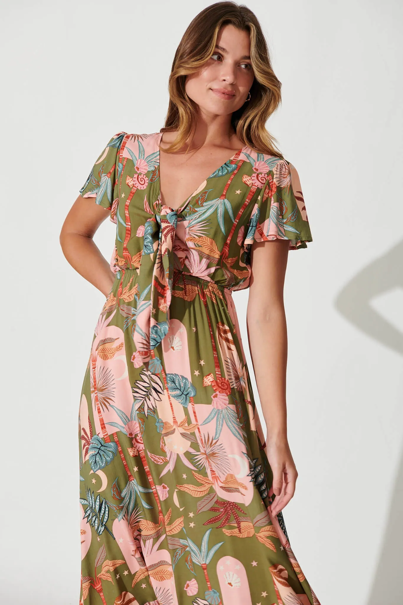 Georgina Maxi Dress In Khaki With Pink Print sold by St Frock product image thumbnail 2