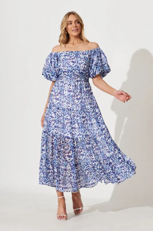 Rayna Maxi Dress In Blue With Navy Floral Print sold by St Frock