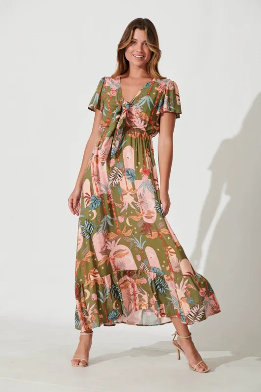 Georgina Maxi Dress In Khaki With Pink Print sold by St Frock