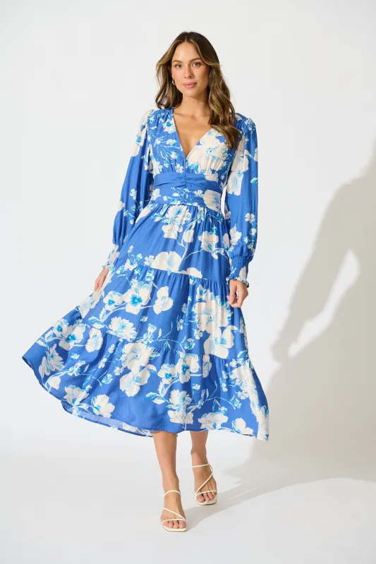 Belize Midi Dress in Blue with White Floral Linen Blend sold by St Frock