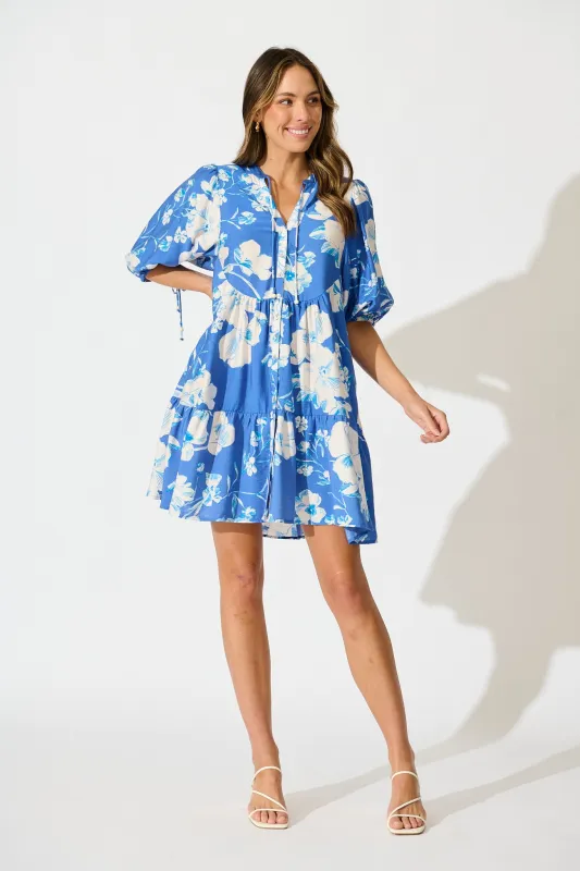 Emelyn Smock Dress in Blue with White Floral Linen Blend sold by St Frock
