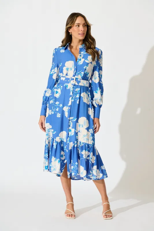 Mikayla Midi Shirt Dress in Blue with White Floral Linen Blend sold by St Frock