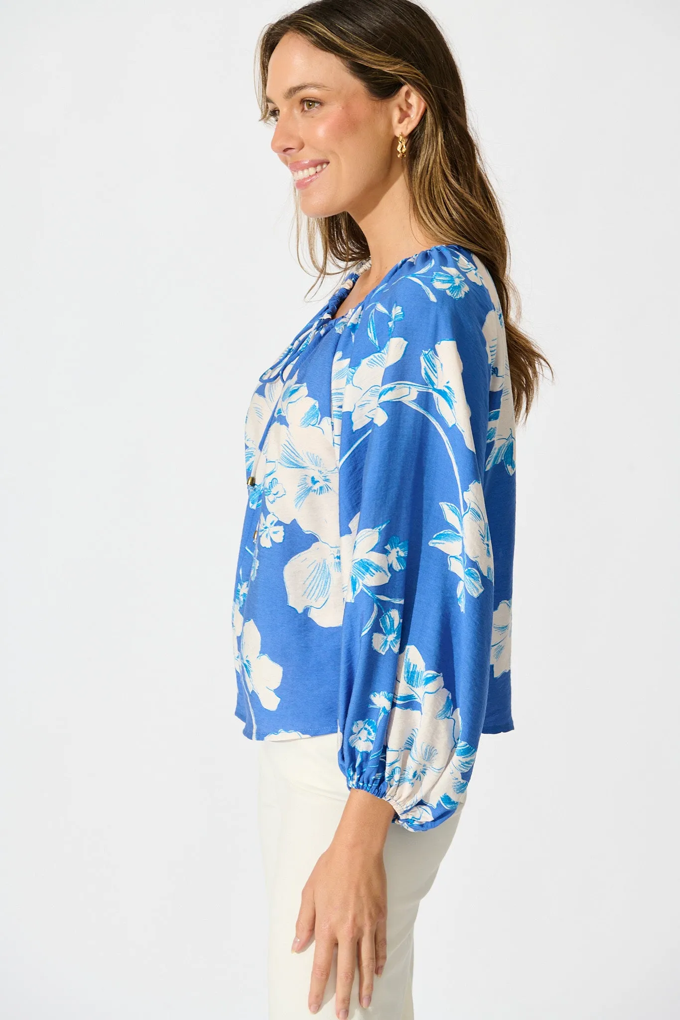 Marcy Top in Blue with White Floral Linen Blend sold by St Frock product image thumbnail 2