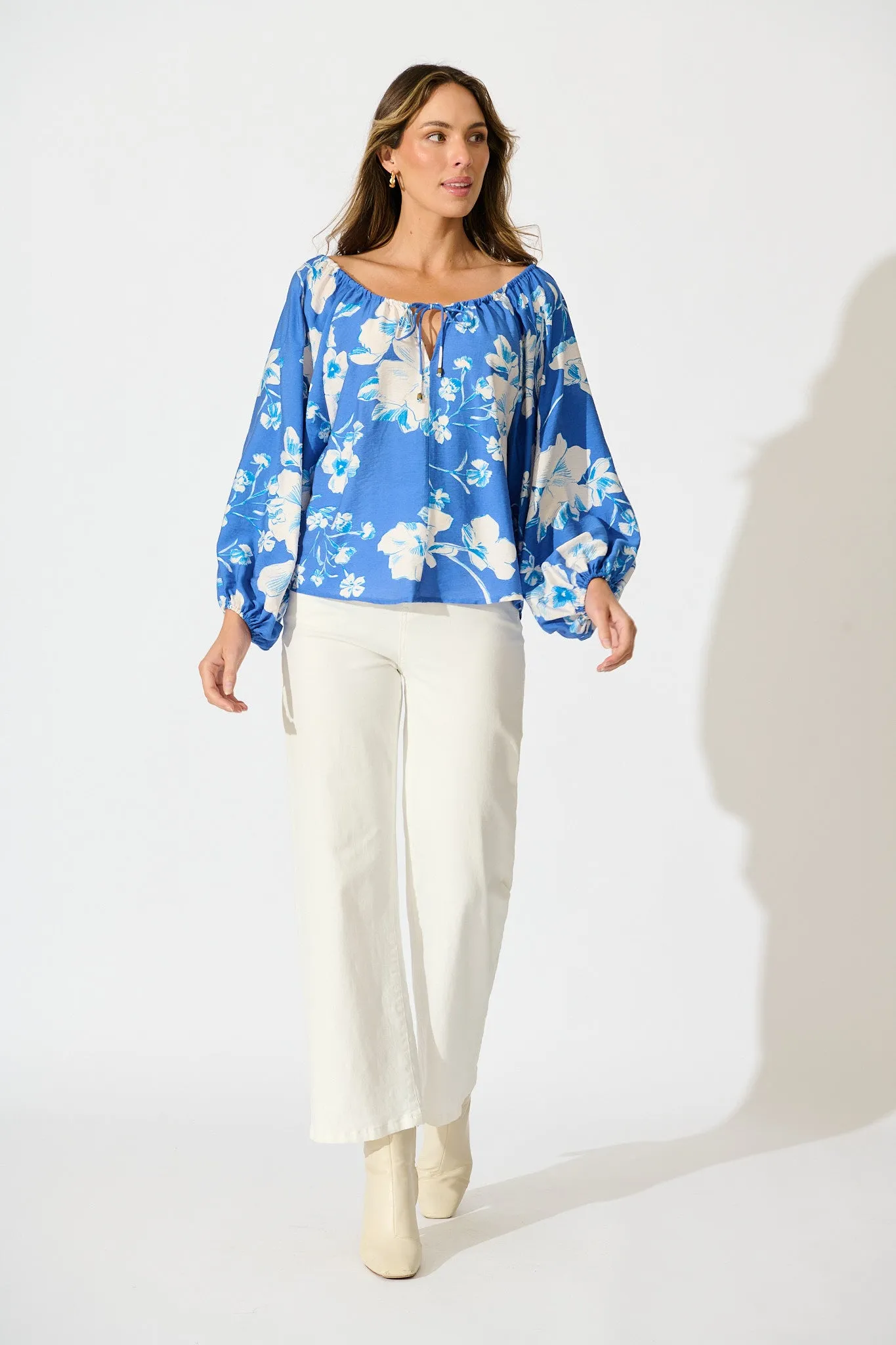 Marcy Top in Blue with White Floral Linen Blend sold by St Frock product image thumbnail 4