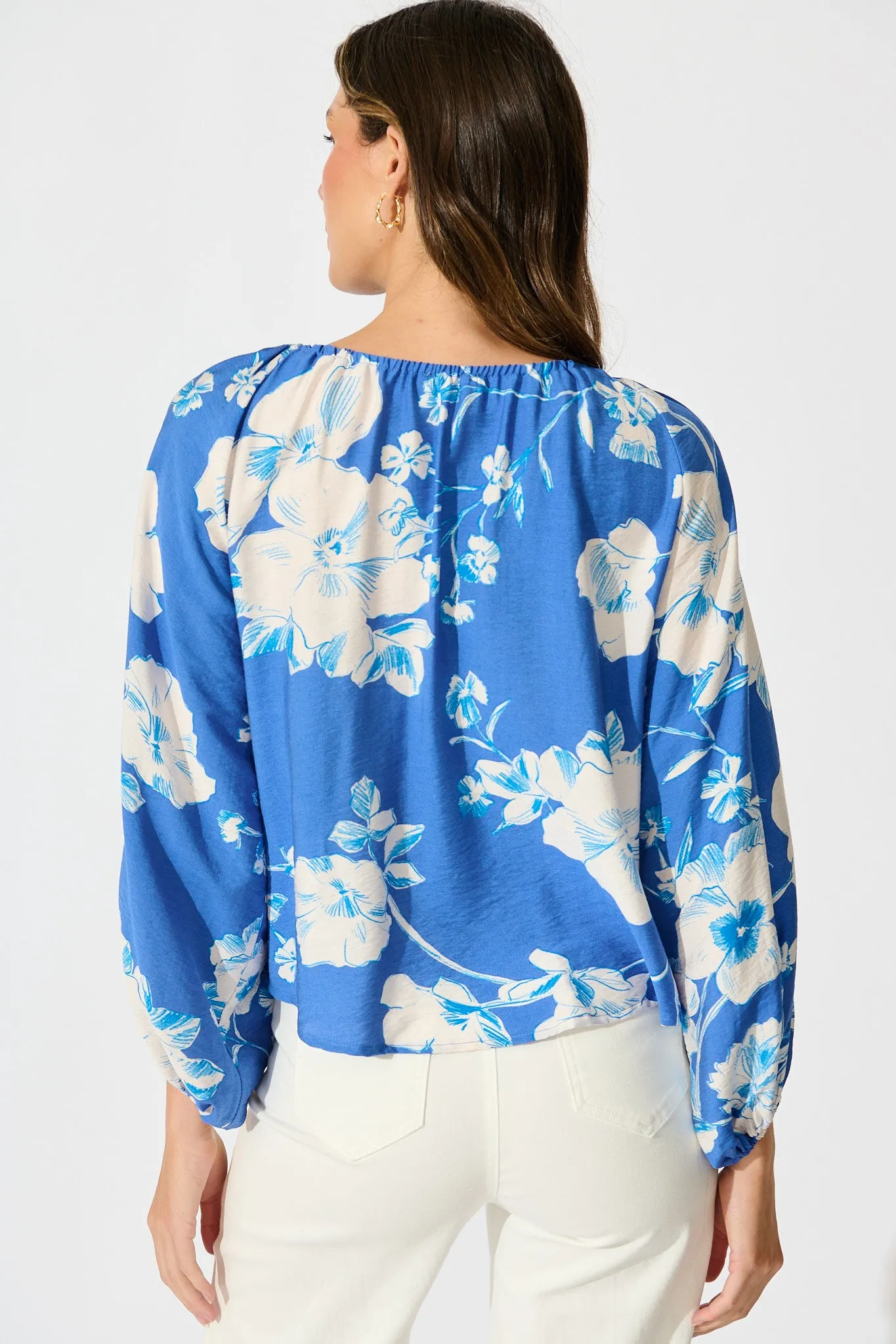 Marcy Top in Blue with White Floral Linen Blend sold by St Frock product image thumbnail 3