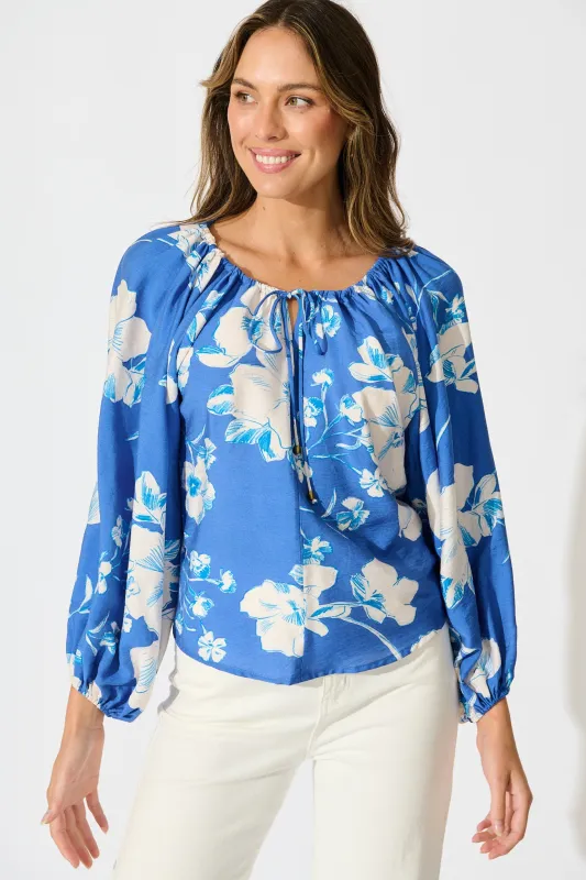 Marcy Top in Blue with White Floral Linen Blend sold by St Frock