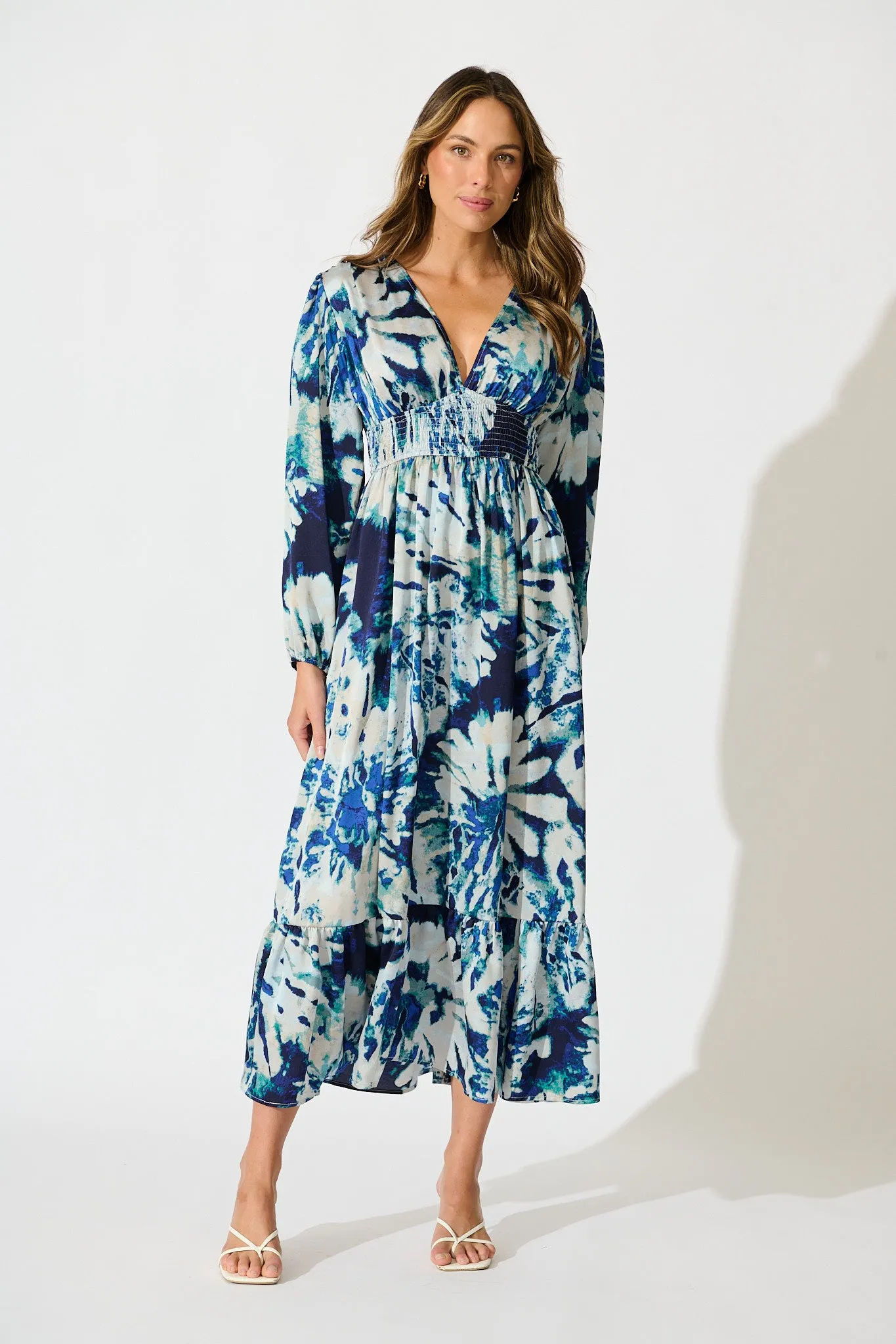 Lost In Wonderland Maxi Dress in Cream with Navy Satin sold by St Frock