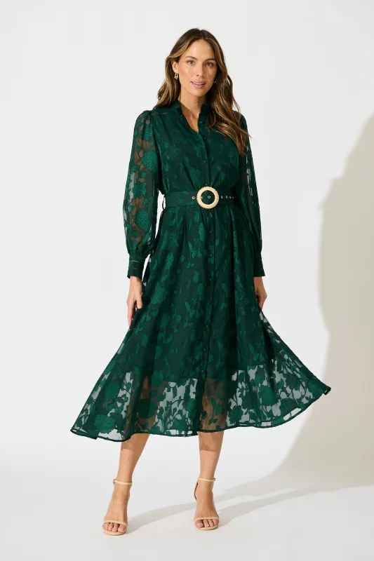 Carolina Midi Dress in Emerald Floral Burnout Chiffon sold by St Frock