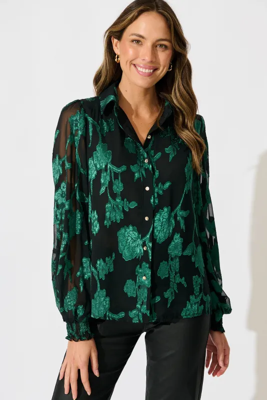 Irene Shirt in Black with Emerald Floral Burnout Chiffon sold by St Frock