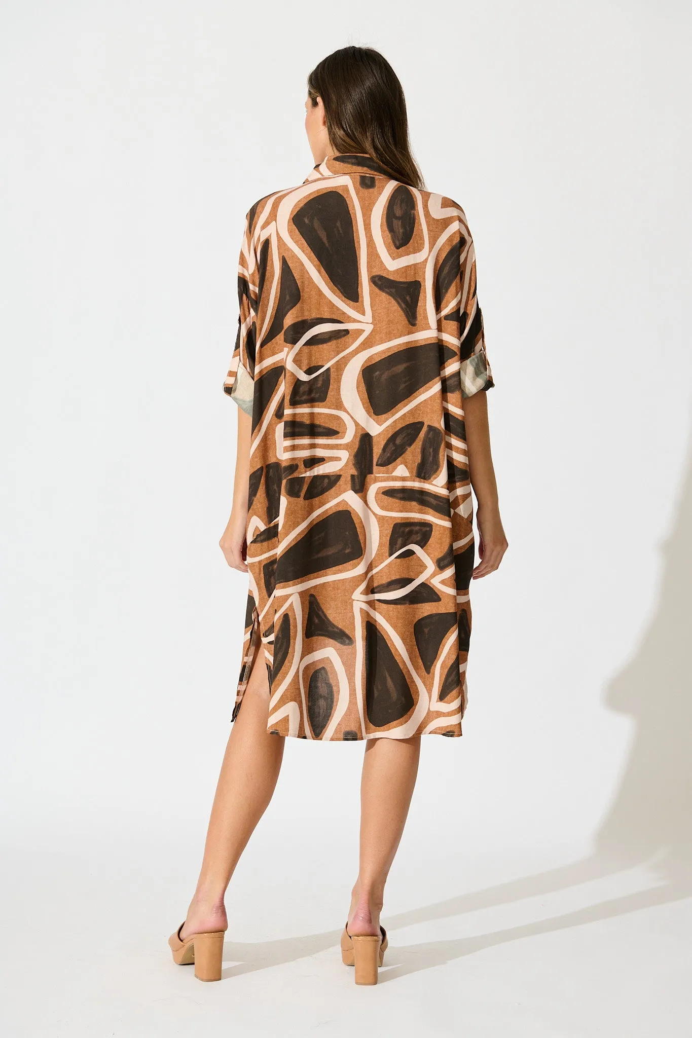 London Midi Smock Dress in Neutral Geometric Print sold by St Frock product image thumbnail 4