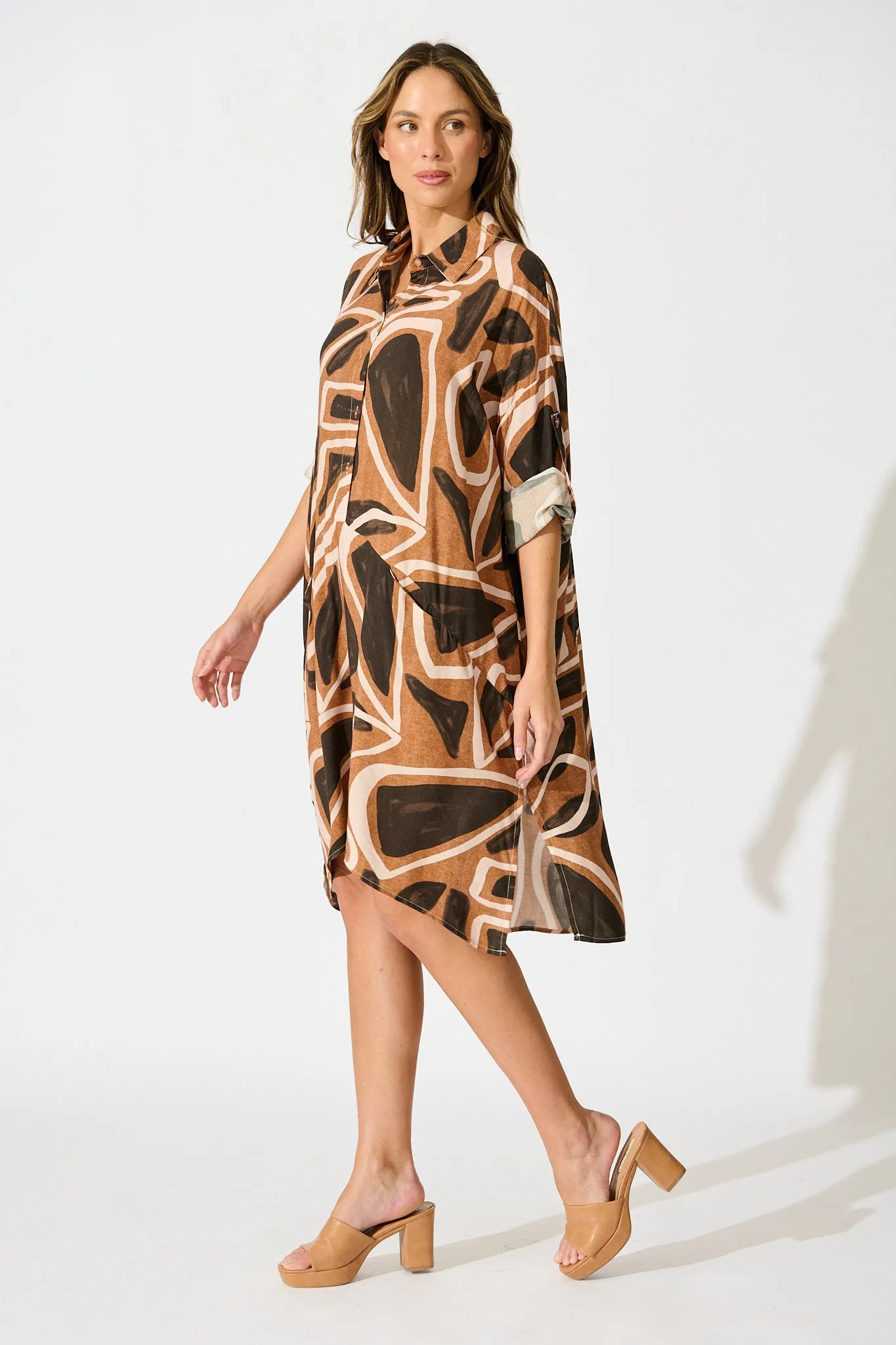 London Midi Smock Dress in Neutral Geometric Print sold by St Frock product image thumbnail 3