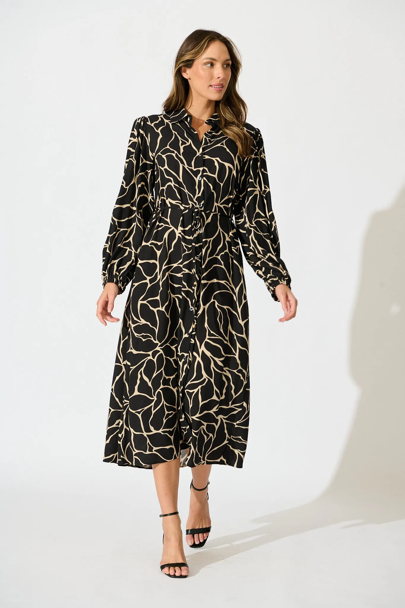 Think About It Maxi Shirt Dress in Black Geometric Print sold by St Frock