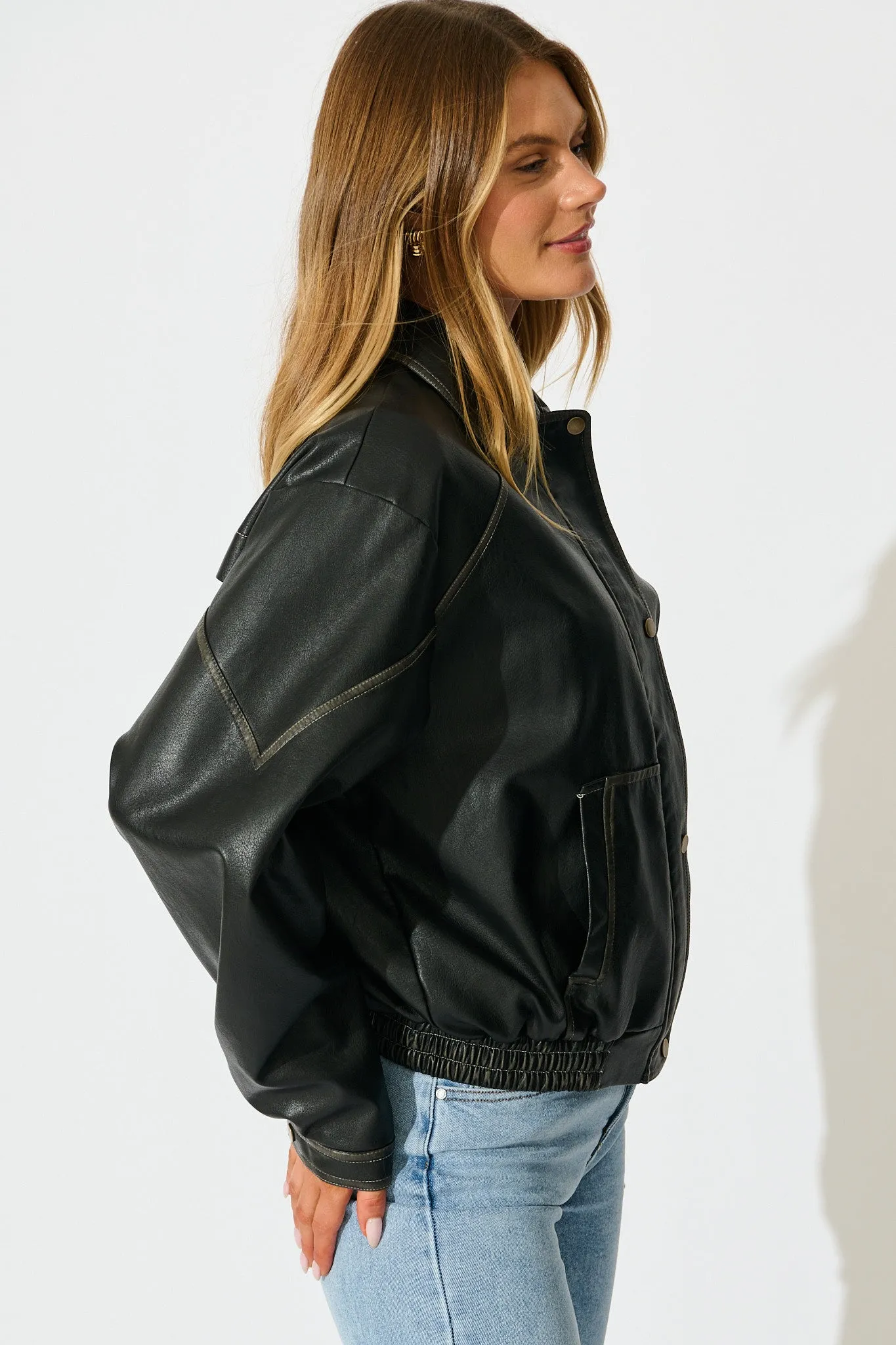 Kayla Bomber Jacket in Black Leatherette sold by St Frock product image thumbnail 2