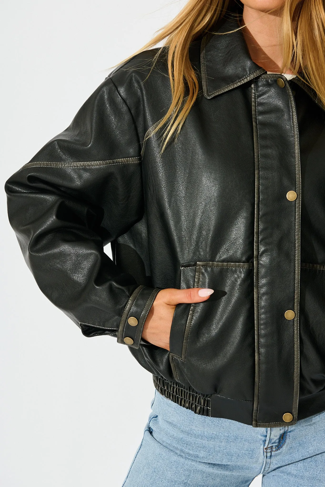 Kayla Bomber Jacket in Black Leatherette sold by St Frock product image thumbnail 5