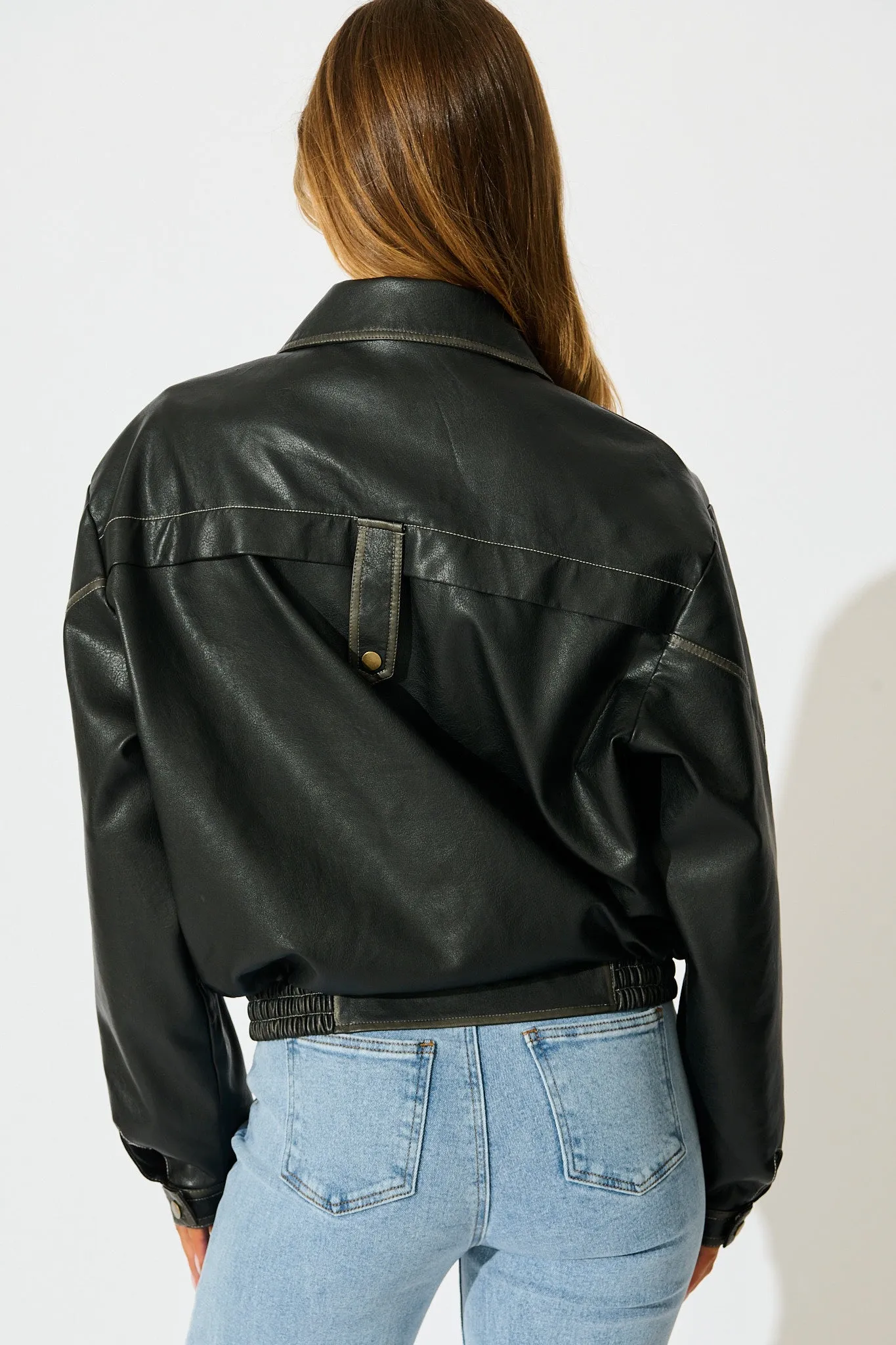 Kayla Bomber Jacket in Black Leatherette sold by St Frock product image thumbnail 3