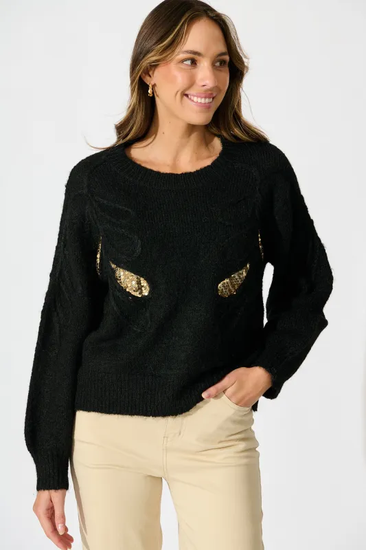 Gemma Knit in Black with Gold Sequin Wool Blend sold by St Frock