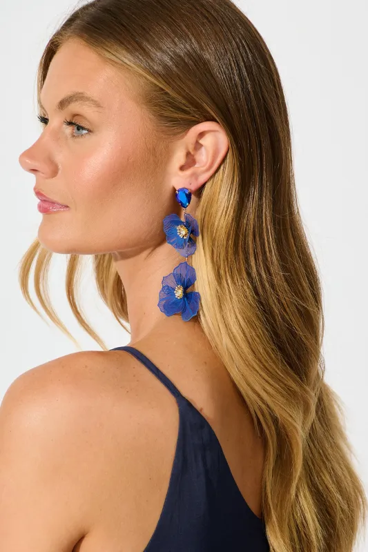 Mariana Double Flower Drop Earrings In Navy with Stone sold by St Frock