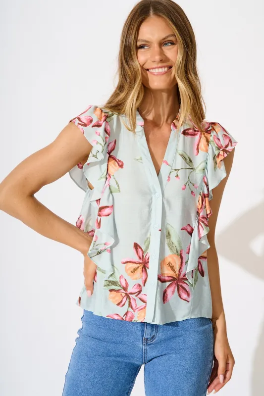 Hallie Top in Pale Blue with Pink Floral Print sold by St Frock