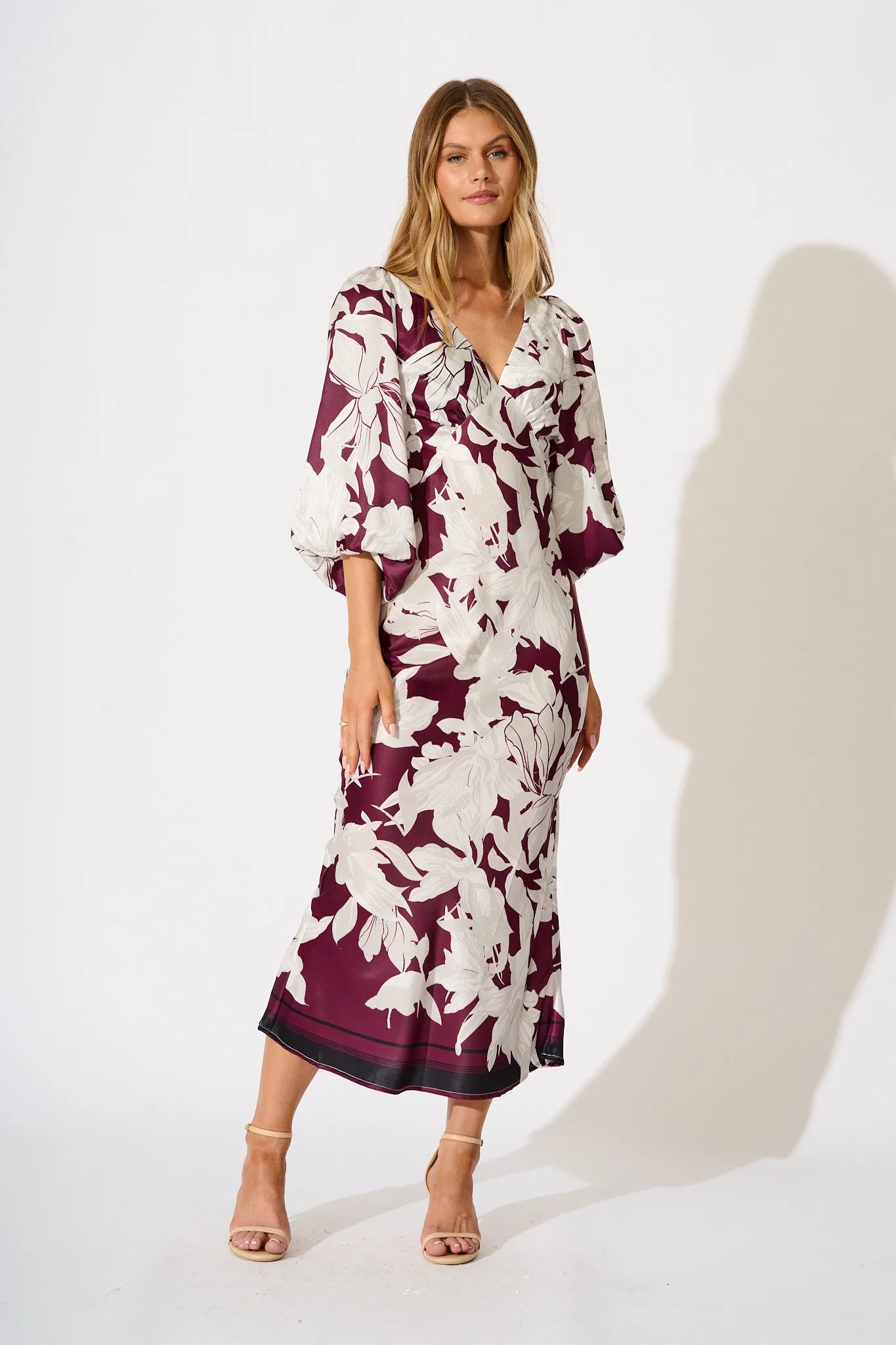 Petal Maxi Dress in Plum and White Floral sold by St Frock