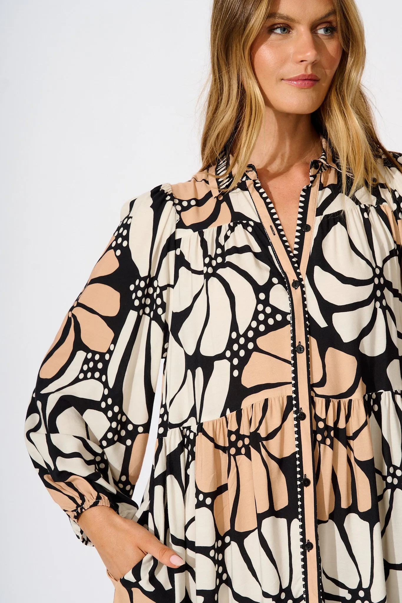 Felicity Shirt Dress in Cream and Black Floral sold by St Frock product image thumbnail 5