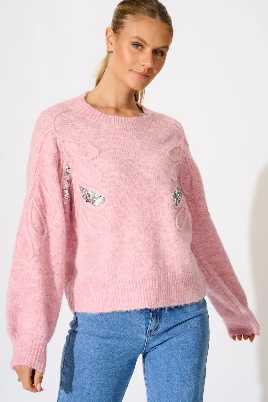 Gemma Knit in Pink Marle with Silver Sequin Wool Blend sold by St Frock